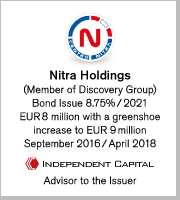 Nitra Holdings (Member of Discovery Group), Bond issue 8.75%/2021, EUR 8 milion with a greenshoe increase to EUR 9 million, September 2016/April 2018 (Advisor to the Issuer)